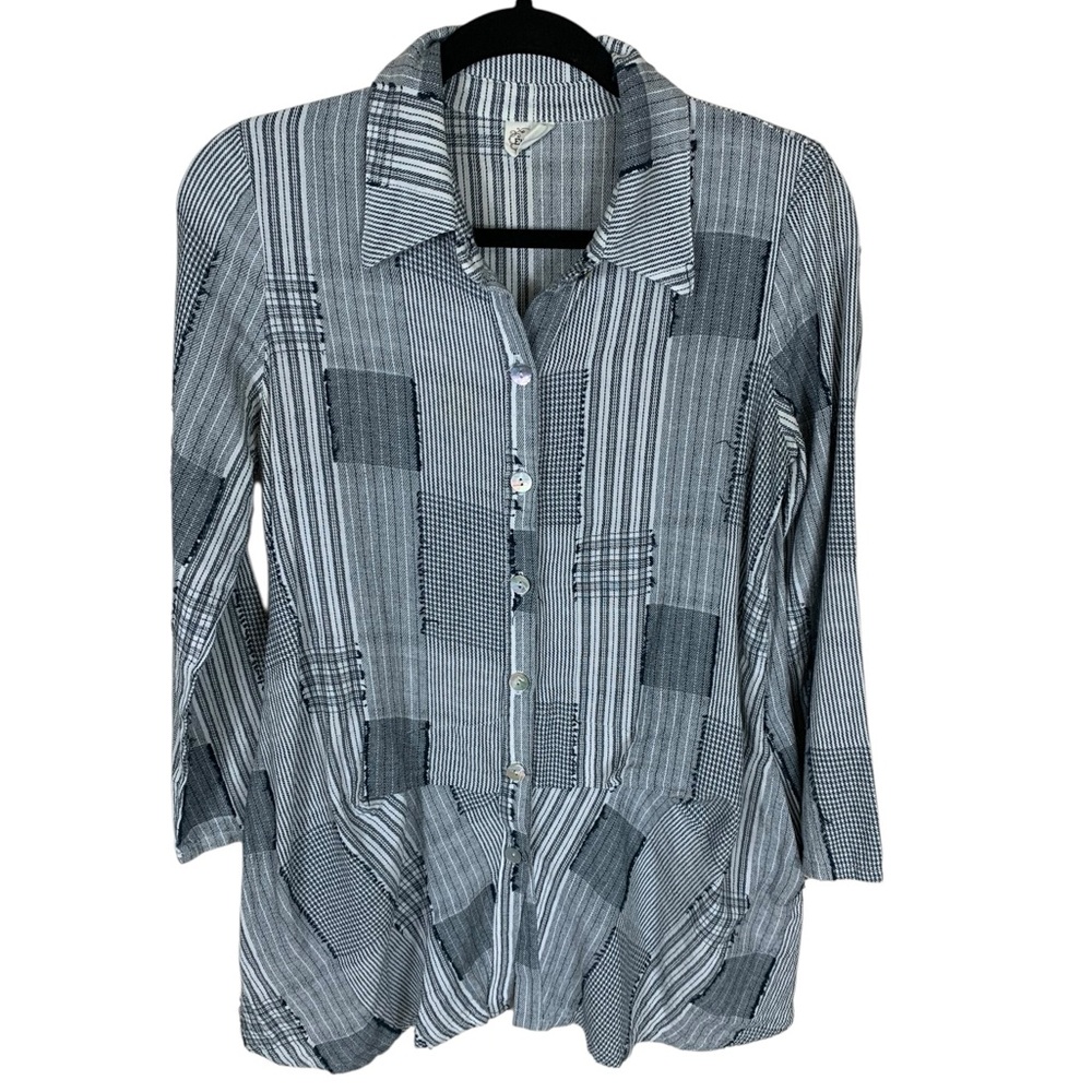 Women's Et' Lois Gray White Patchwork Long Sleeve Button Front Tunic Top Size XS